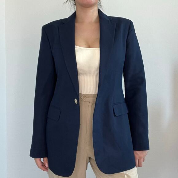 Lauren Ralph Lauren Navy Cotton Silk Blazer Size 4 Classic One Button Silk blend - Picture 2 of 14